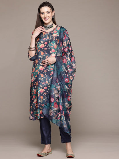 Straight Style Silk Fabric Navy Blue Color Kurta With Bottom And Dupatta