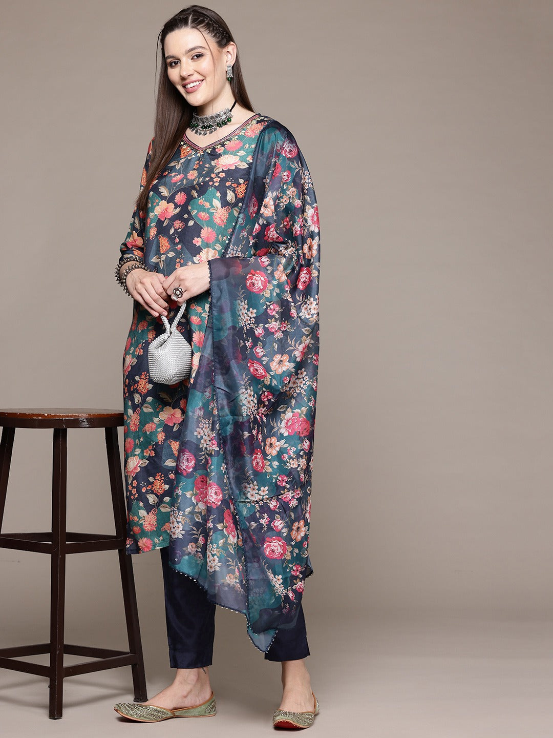 Straight Style Silk Fabric Navy Blue Color Kurta With Bottom And Dupatta