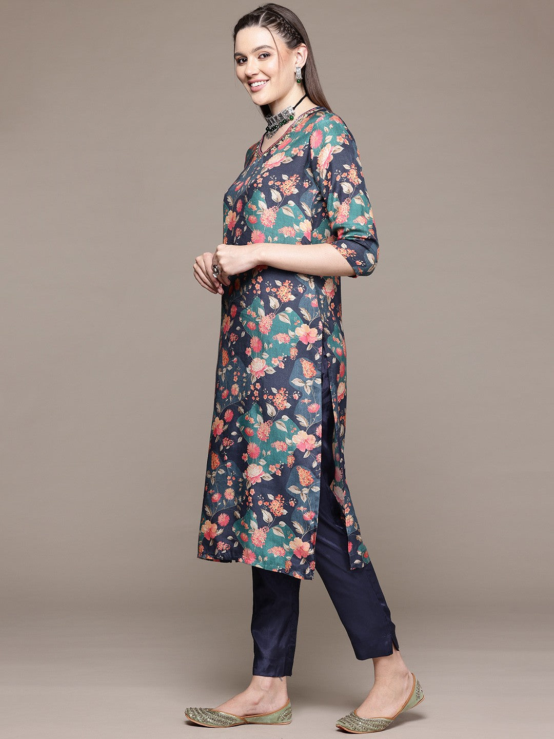 Straight Style Silk Fabric Navy Blue Color Kurta With Bottom And Dupatta