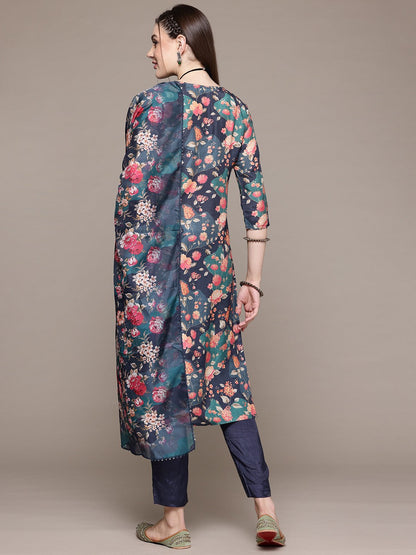 Straight Style Silk Fabric Navy Blue Color Kurta With Bottom And Dupatta