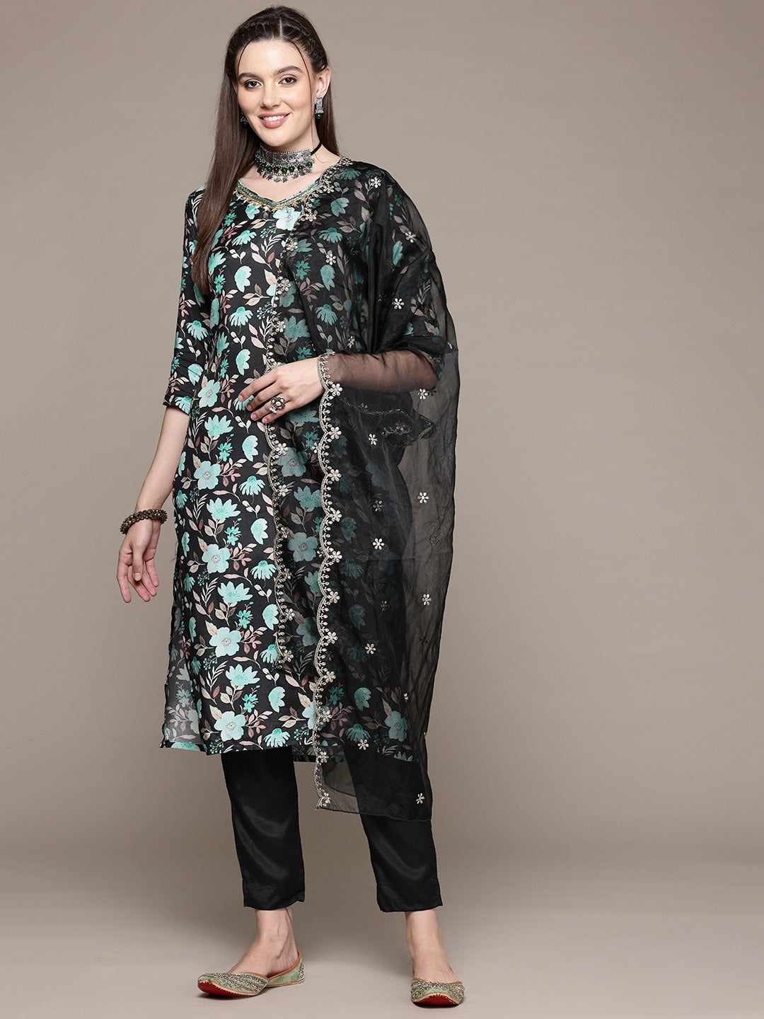 Straight Style Silk Fabric Black Color Kurta With Bottom And Dupatta