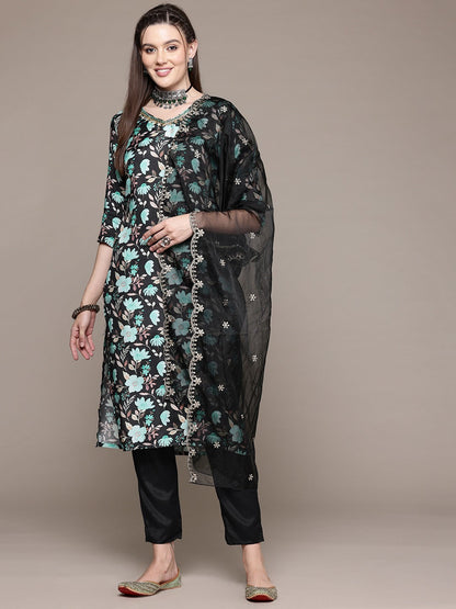 Straight Style Silk Fabric Black Color Kurta With Bottom And Dupatta