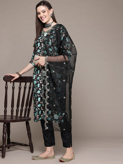 Straight Style Silk Fabric Black Color Kurta With Bottom And Dupatta