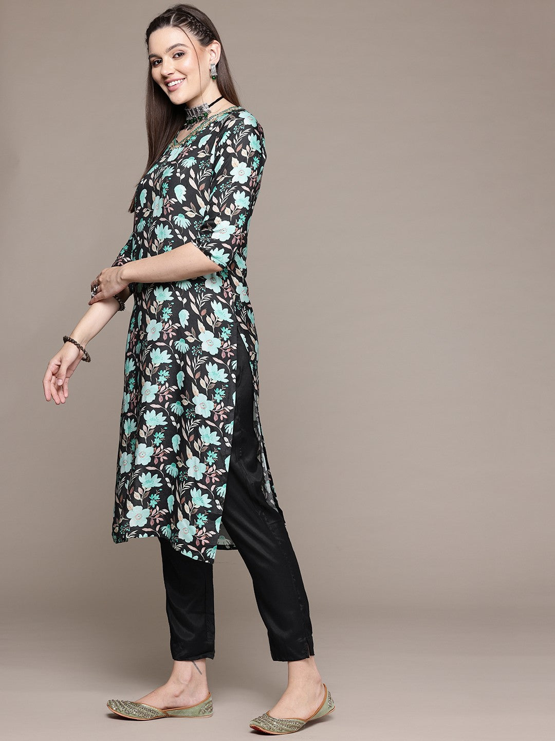 Straight Style Silk Fabric Black Color Kurta With Bottom And Dupatta