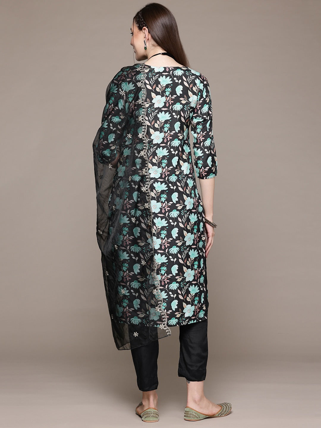 Straight Style Silk Fabric Black Color Kurta With Bottom And Dupatta