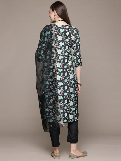 Straight Style Silk Fabric Black Color Kurta With Bottom And Dupatta