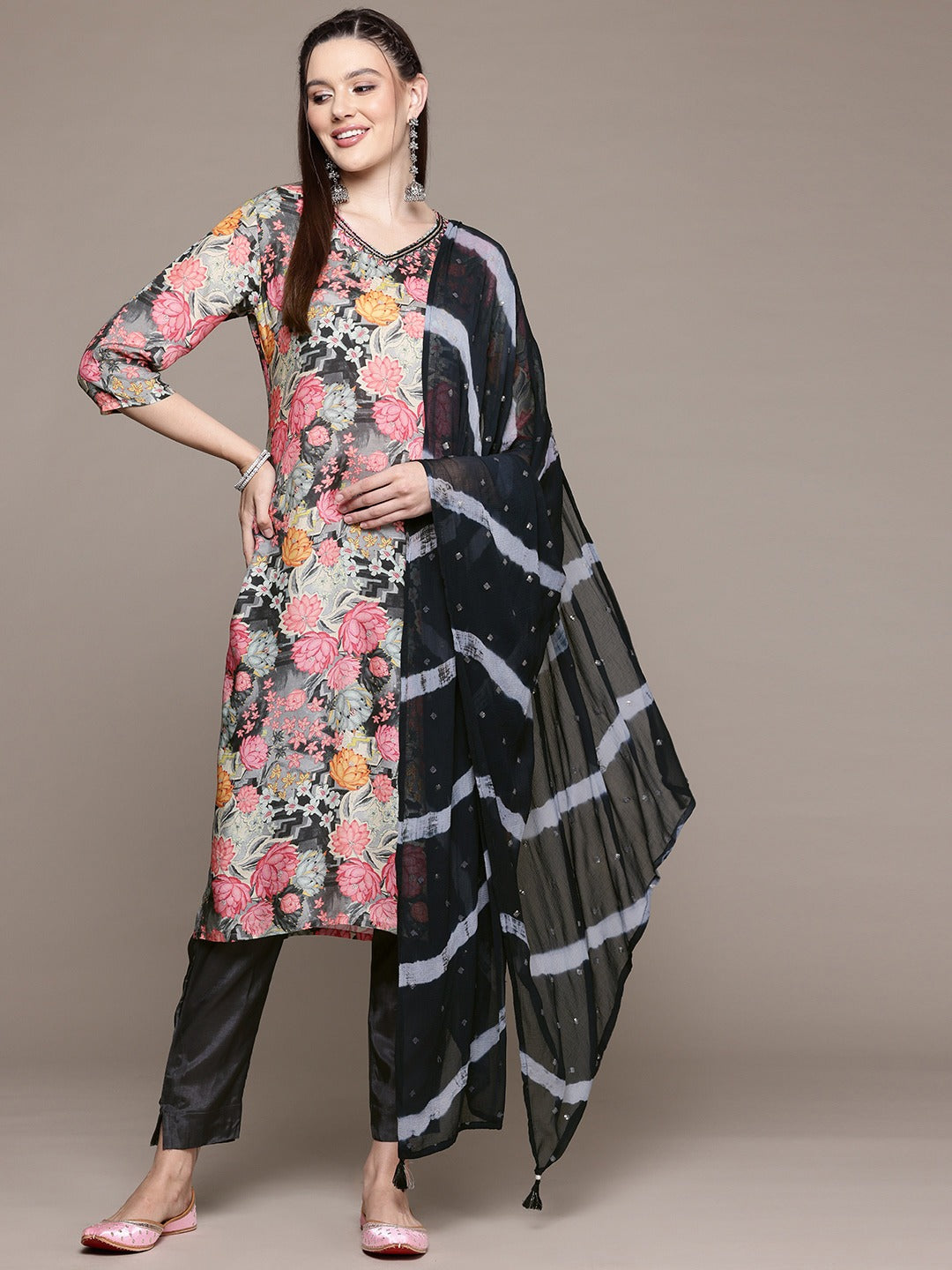 Straight Style Silk Fabric Grey Color Kurta With Bottom And Dupatta