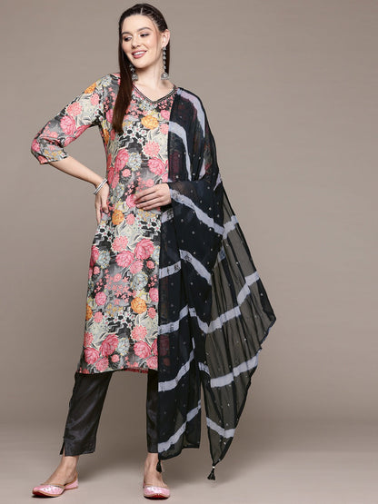 Straight Style Silk Fabric Grey Color Kurta With Bottom And Dupatta