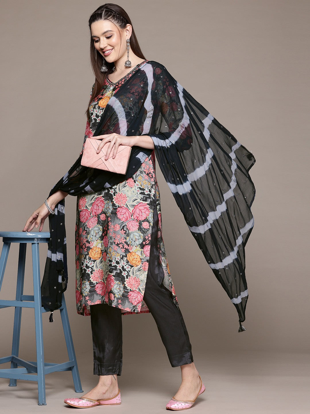 Straight Style Silk Fabric Grey Color Kurta With Bottom And Dupatta