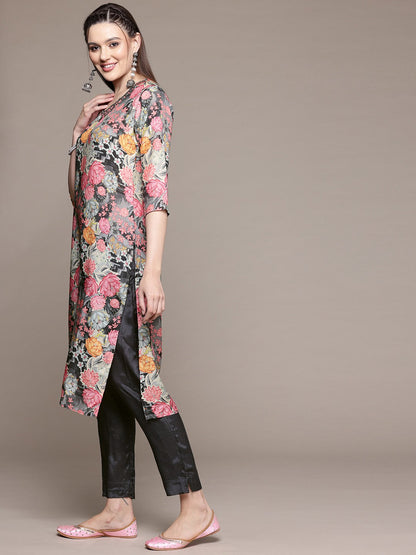 Straight Style Silk Fabric Grey Color Kurta With Bottom And Dupatta