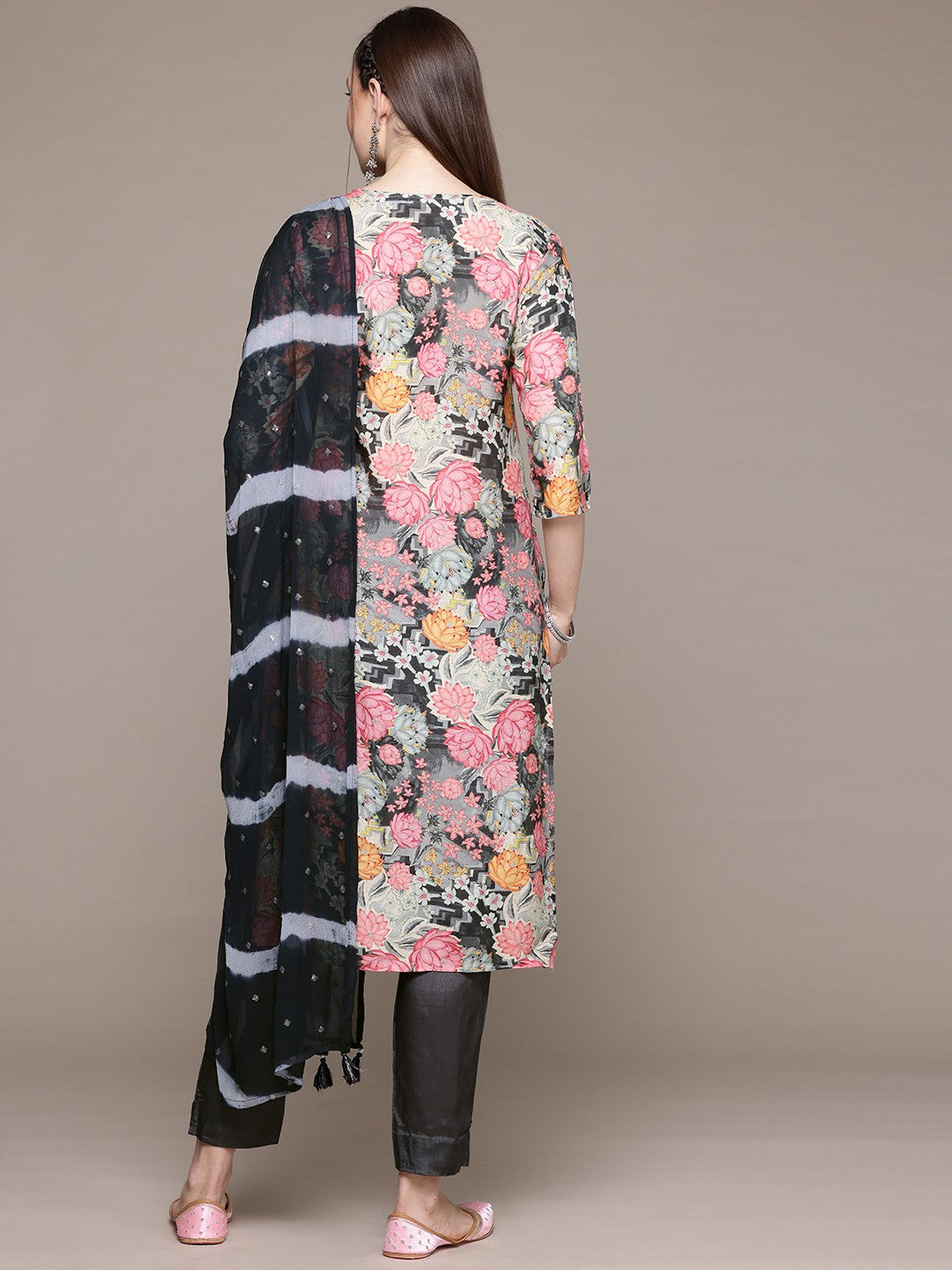 Straight Style Silk Fabric Grey Color Kurta With Bottom And Dupatta