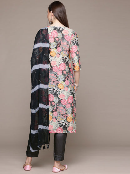 Straight Style Silk Fabric Grey Color Kurta With Bottom And Dupatta