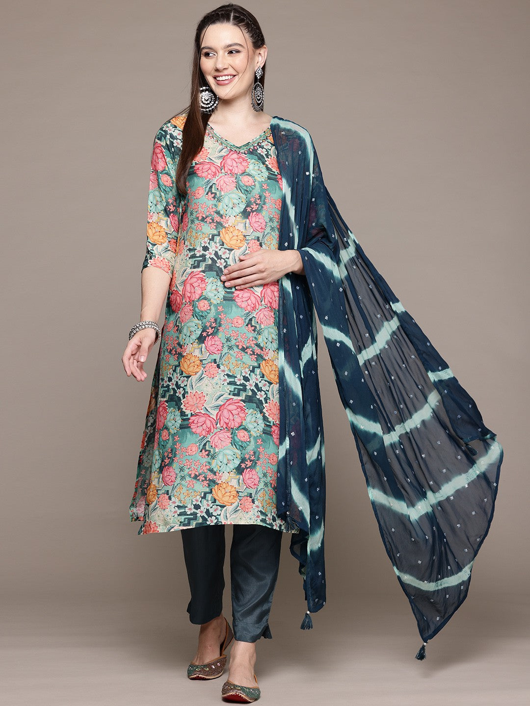 Straight Style Silk Fabric Green Color Kurta With Bottom And Dupatta