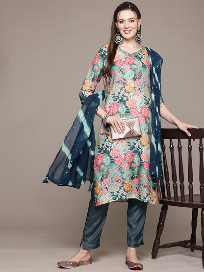 Straight Style Silk Fabric Green Color Kurta With Bottom And Dupatta