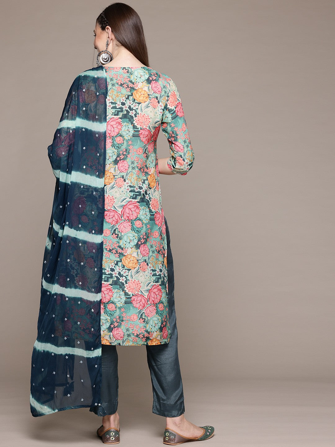 Straight Style Silk Fabric Green Color Kurta With Bottom And Dupatta