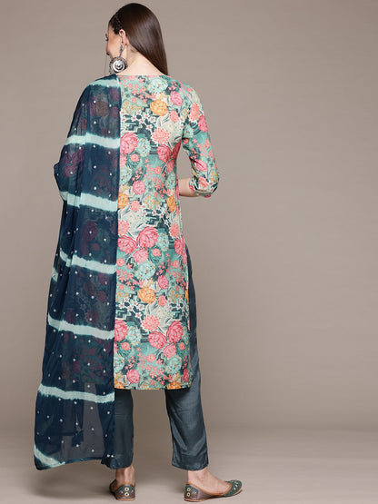 Straight Style Silk Fabric Green Color Kurta With Bottom And Dupatta