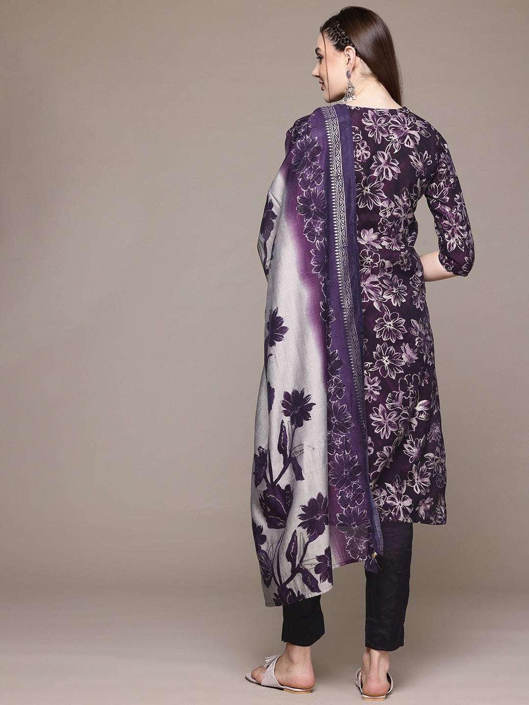 Straight Style Silk Fabric Violet Color Kurta With Bottom And Dupatta