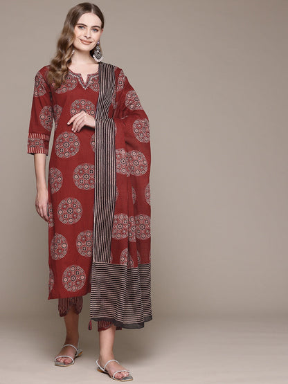 Straight Style Cotton Fabric Maroon Color Kurta With Bottom And Dupatta