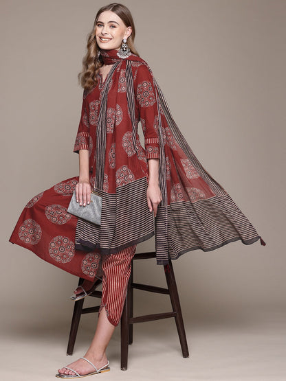 Straight Style Cotton Fabric Maroon Color Kurta With Bottom And Dupatta