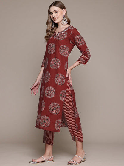 Straight Style Cotton Fabric Maroon Color Kurta With Bottom And Dupatta