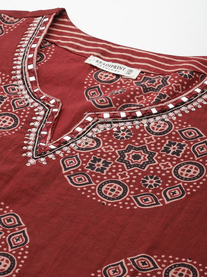 Straight Style Cotton Fabric Maroon Color Kurta With Bottom And Dupatta