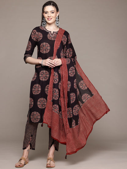 Straight Style Cotton Fabric Black Color Kurta With Bottom And Dupatta
