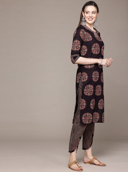 Straight Style Cotton Fabric Black Color Kurta With Bottom And Dupatta