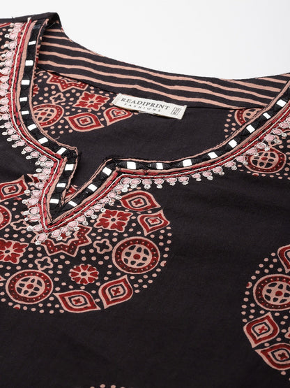 Straight Style Cotton Fabric Black Color Kurta With Bottom And Dupatta
