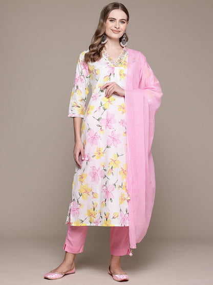 Straight Style Cotton Fabric Pink Color Kurta With Bottom And Dupatta