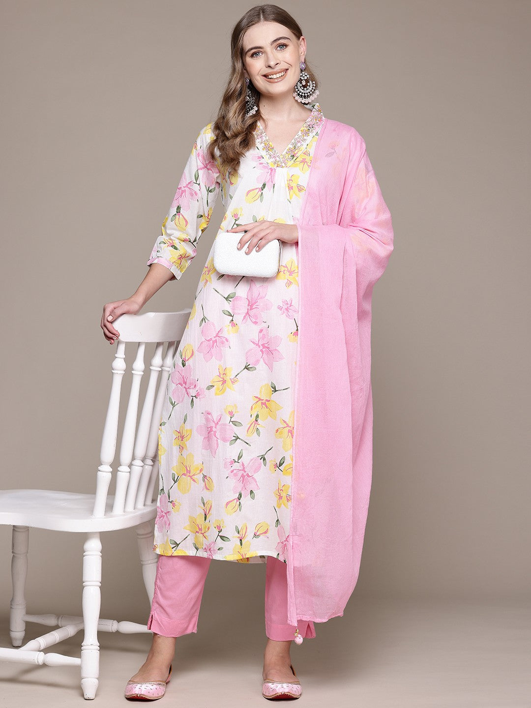 Straight Style Cotton Fabric Pink Color Kurta With Bottom And Dupatta