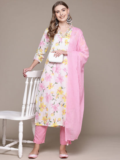 Straight Style Cotton Fabric Pink Color Kurta With Bottom And Dupatta