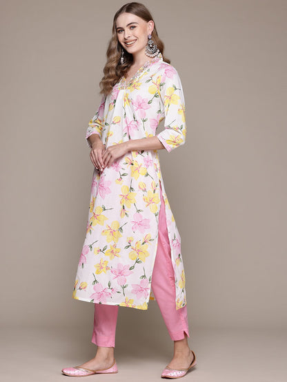 Straight Style Cotton Fabric Pink Color Kurta With Bottom And Dupatta