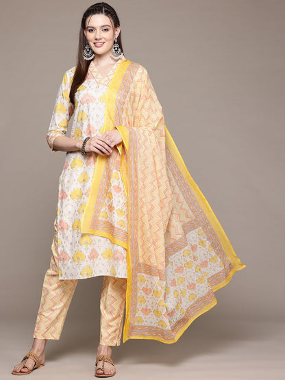 Straight Style Cotton Fabric Multi Color Kurta With Bottom And Dupatta