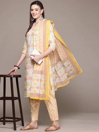 Straight Style Cotton Fabric Multi Color Kurta With Bottom And Dupatta