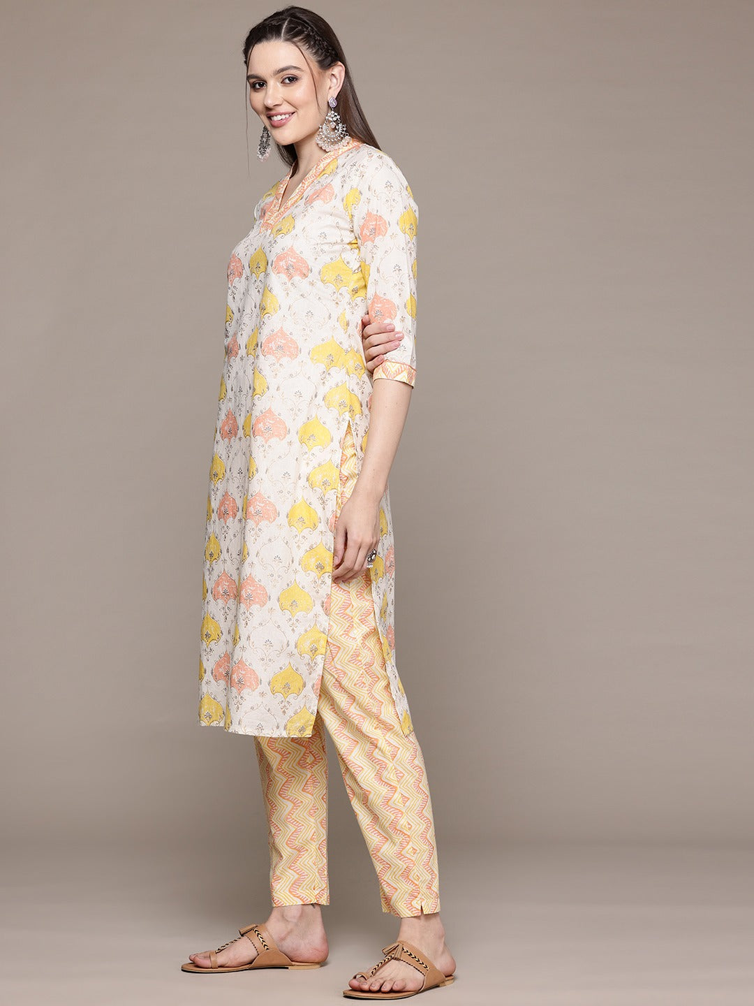 Straight Style Cotton Fabric Multi Color Kurta With Bottom And Dupatta