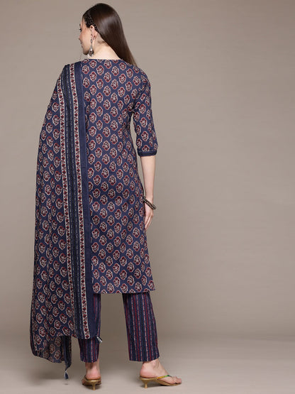 Straight Style Cotton Fabric Navy Blue Color Kurta With Bottom And Dupatta