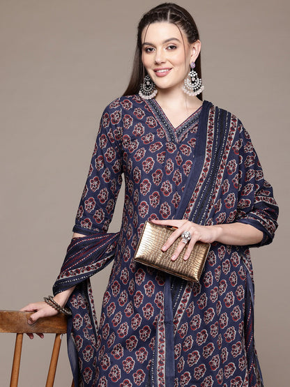 Straight Style Cotton Fabric Navy Blue Color Kurta With Bottom And Dupatta
