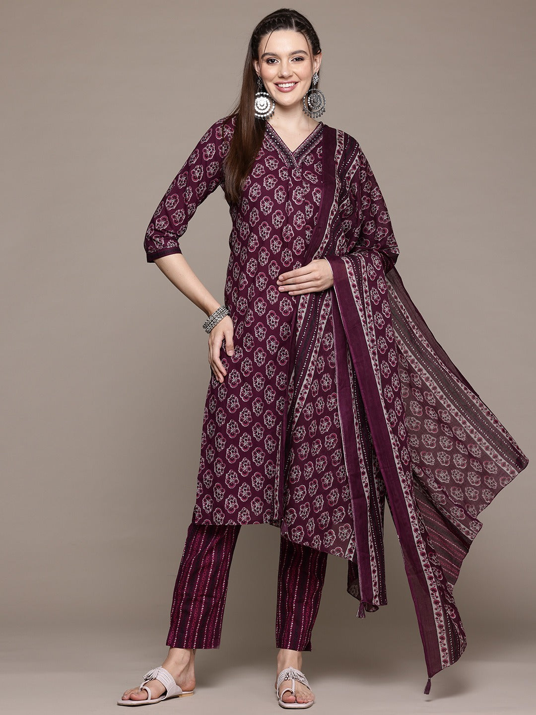 Straight Style Cotton Fabric Burgundy Color Kurta With Bottom And Dupatta