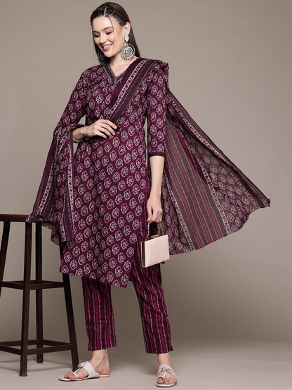 Straight Style Cotton Fabric Burgundy Color Kurta With Bottom And Dupatta