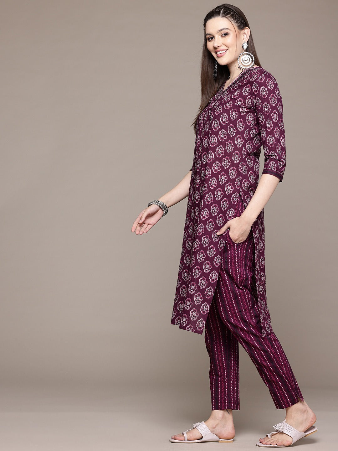 Straight Style Cotton Fabric Burgundy Color Kurta With Bottom And Dupatta