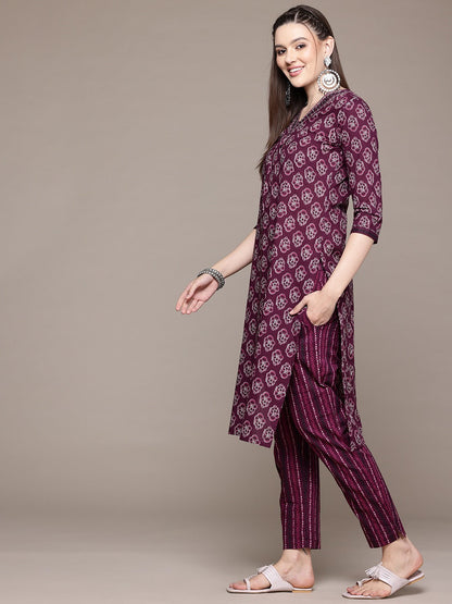 Straight Style Cotton Fabric Burgundy Color Kurta With Bottom And Dupatta