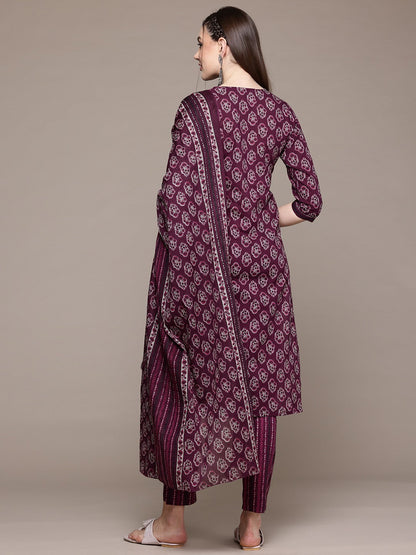 Straight Style Cotton Fabric Burgundy Color Kurta With Bottom And Dupatta