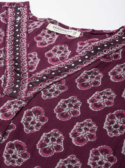 Straight Style Cotton Fabric Burgundy Color Kurta With Bottom And Dupatta