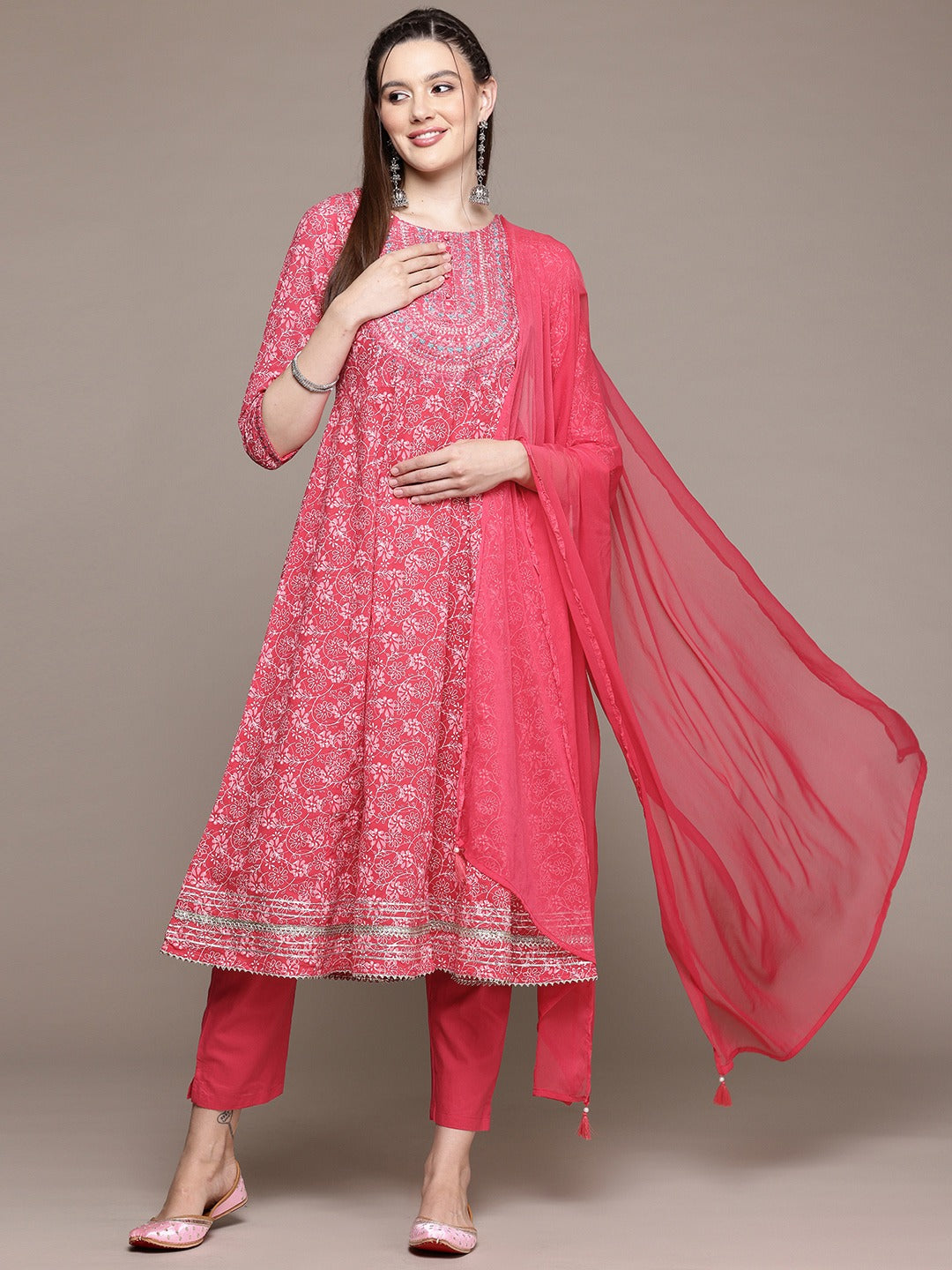 Anarkali Style Cotton Fabric Pink Color Kurta With Bottom And Dupatta
