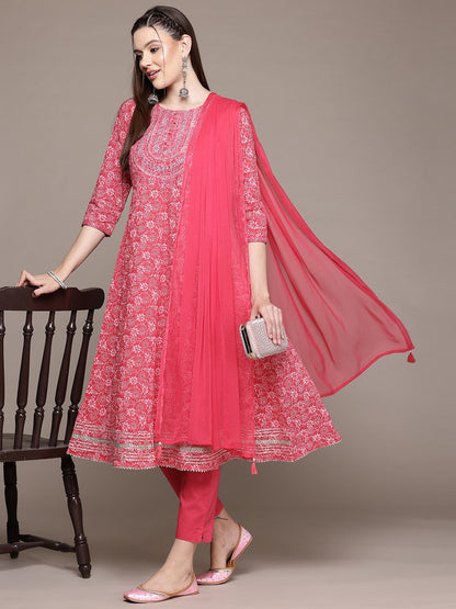 Anarkali Style Cotton Fabric Pink Color Kurta With Bottom And Dupatta