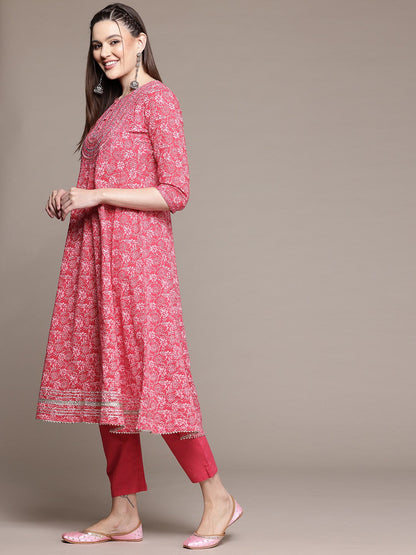 Anarkali Style Cotton Fabric Pink Color Kurta With Bottom And Dupatta