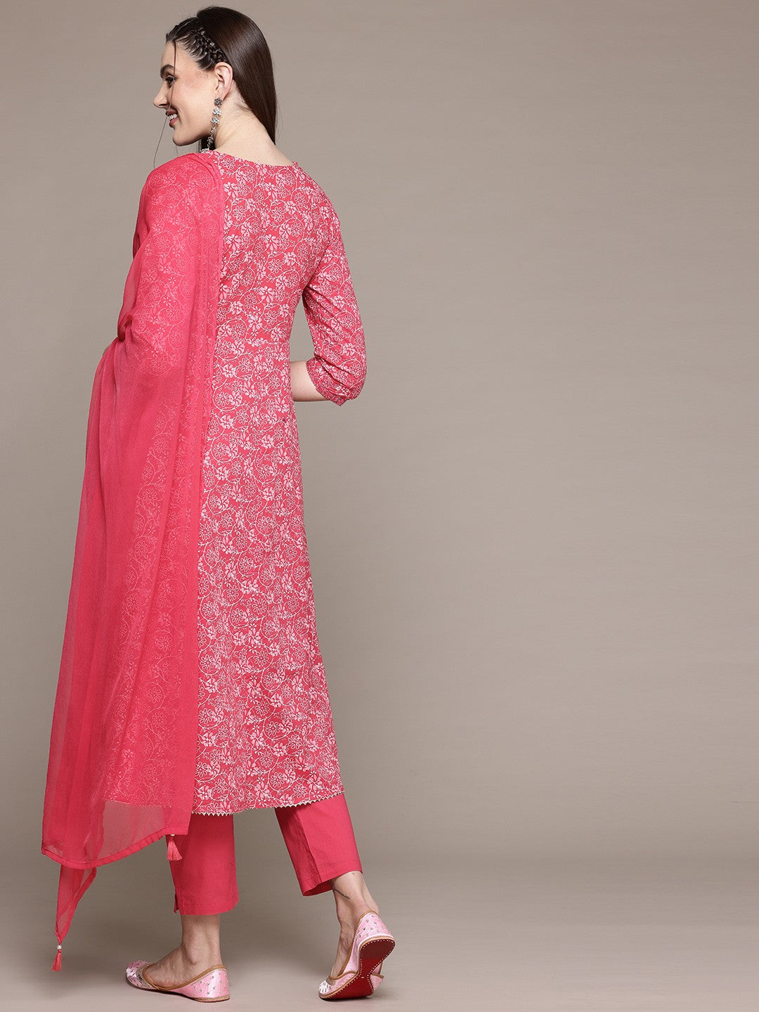 Anarkali Style Cotton Fabric Pink Color Kurta With Bottom And Dupatta