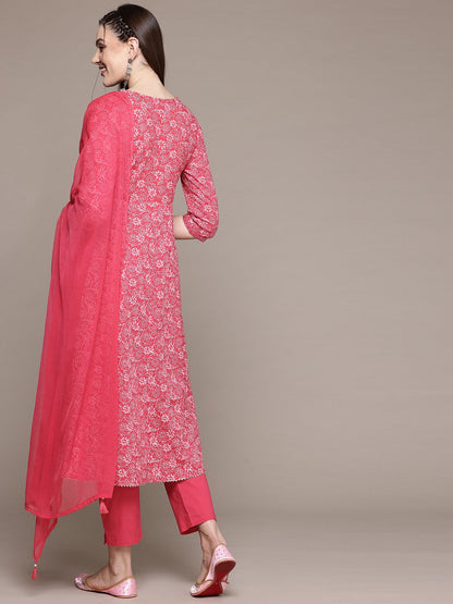 Anarkali Style Cotton Fabric Pink Color Kurta With Bottom And Dupatta