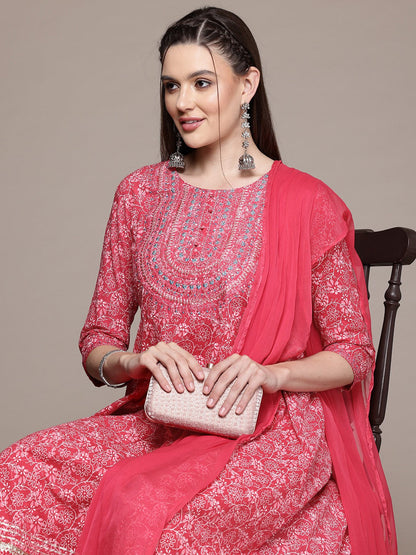 Anarkali Style Cotton Fabric Pink Color Kurta With Bottom And Dupatta