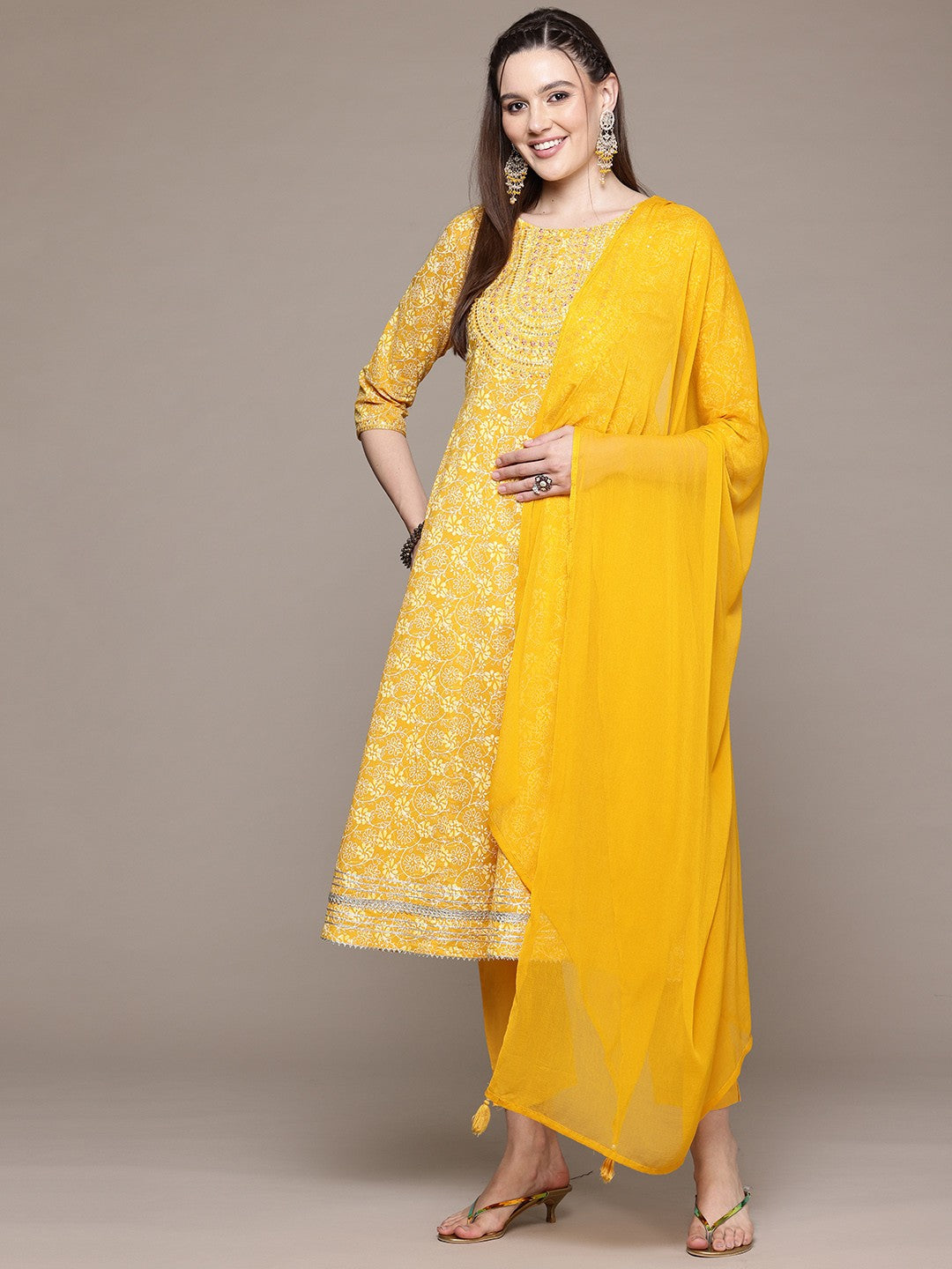 Anarkali Style Cotton Fabric Mustard Color Kurta With Bottom And Dupatta